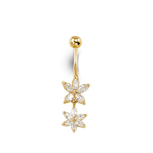 Yellow Gold Double Flower Belly Button Ring with Cubic Zirconia