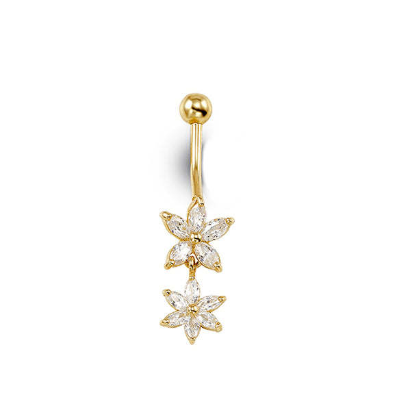 Yellow Gold Double Flower Belly Button Ring with Cubic Zirconia