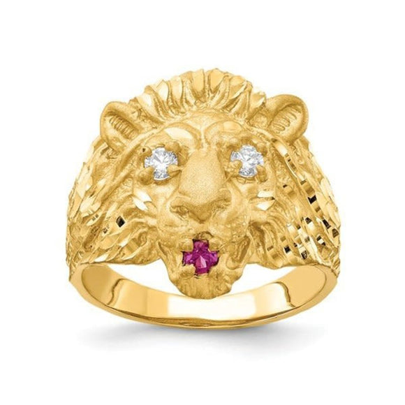10K Yellow Gold Lion Head Ring with Cubic Zirconia